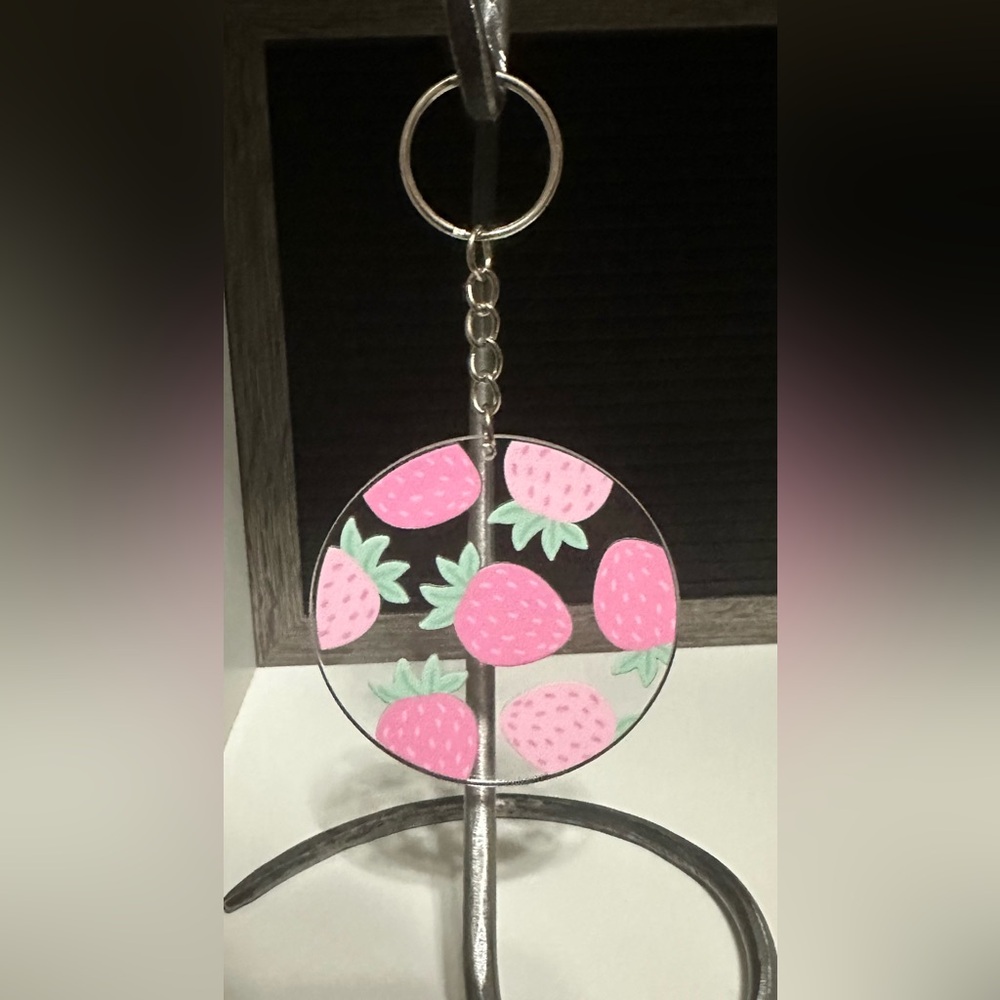 Strawberry Keychain with Pink and Green Design